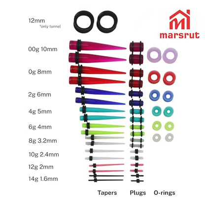 50pcs 14G-00G Ear Stretching Kit, Ear Gauges, Acrylic Plugs, Tapers, Round Silicone Tunnels for Women Men, Earring Expander, Starter Lightweight Body Piercing Jewelry Gauging Set (Random Size & Color)