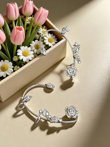 2PCS Flower Tassel Zircon Earrings Ear Cuffs No Piercing Flower Climber Wrap Around Earrings Pearl Drop Earrings for Women Fairy Ear Clip Dainty Wedding Earrings for Brides - color: Style 1 - Silver