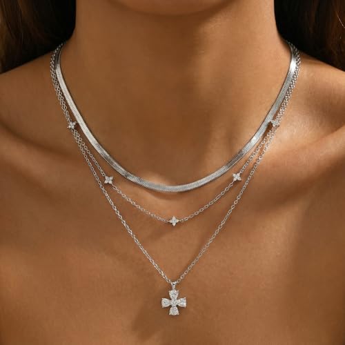 14k Gold Plated Layered Cubic Zirconia Pendant Necklace for Women | Gold Plated Clover Necklaces Stackable Dainty Cubic Zirconia Pendant Necklace，Mother's Day, Thanksgiving Jewelry Trendy gifts - color: silvery, style: Style1