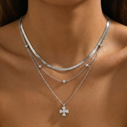 14k Gold Plated Layered Cubic Zirconia Pendant Necklace for Women | Gold Plated Clover Necklaces Stackable Dainty Cubic Zirconia Pendant Necklace，Mother's Day, Thanksgiving Jewelry Trendy gifts - color: silvery, style: Style1