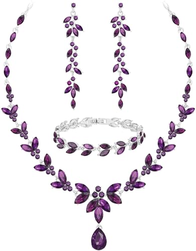 Paxuan Wedding Jewelry Sets for Bride Bridesmaid Bridal Jewelry Set for Women Wedding Crystal Necklace Earrings Bracelet Set for Party Prom Jewelry - color: Purple - Silver