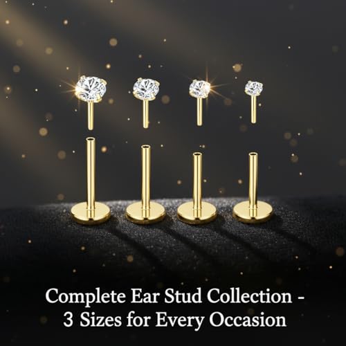 16G 18G 20G Hypoallergenic Threadless Flat Back Nose Studs Women | Medical Steel, CZ 1.5-3mm, Nostril Tragus Helix Piercing, A Secure Fit And Everyday Wear For Sensitive Skin - color: Gold-B