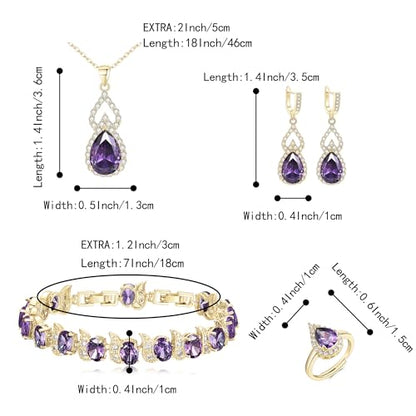 Wedding Jewelry Set for Women Bride Bridesmaid | Gorgeous Cubic Zirconia Teardrop Necklace Earrings Bracelet Adjustable Ring Jewelry Gift for Birthday/Anniversary - color: 07-Purple Gold-Tone