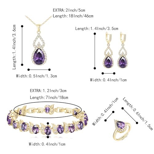 Wedding Jewelry Set for Women Bride Bridesmaid | Gorgeous Cubic Zirconia Teardrop Necklace Earrings Bracelet Adjustable Ring Jewelry Gift for Birthday/Anniversary - color: 07-Purple Gold-Tone