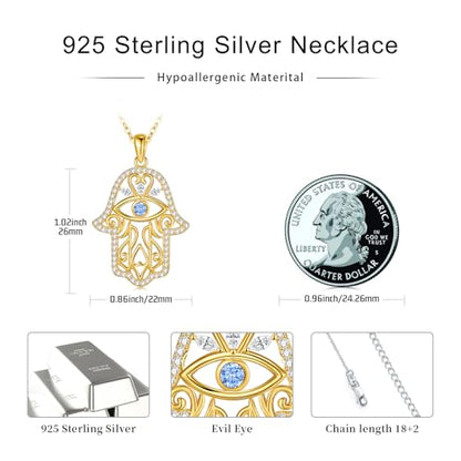 Hamsa Necklace 925 Sterling Silver Evil Eye/Lotus Flower/Star of David/Chai/Yin Yang Hamsa Hand Pendant Jewelry Hand of Fatima Gifts for Women - style: Evil Eye-Gold