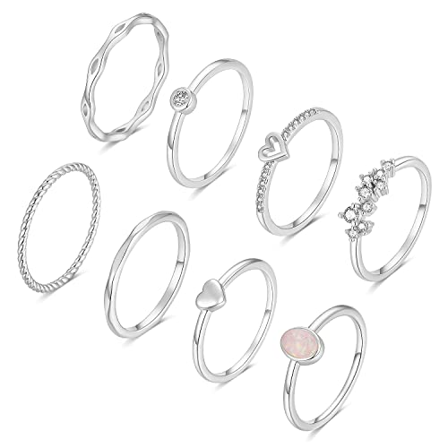 RLMOON Gold Ring Set for Women Dainty Silver Rose Gold Stackable Rings | 14K Gold Plated Simple Heart CZ Pinky Stacking Thumb Rings Plain Band Size 4-12(8-12PCS) - color: Silver Rings