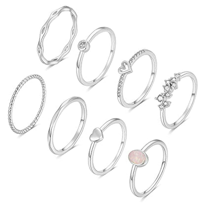 RLMOON Gold Ring Set for Women Dainty Silver Rose Gold Stackable Rings | 14K Gold Plated Simple Heart CZ Pinky Stacking Thumb Rings Plain Band Size 4-12(8-12PCS) - color: Silver Rings