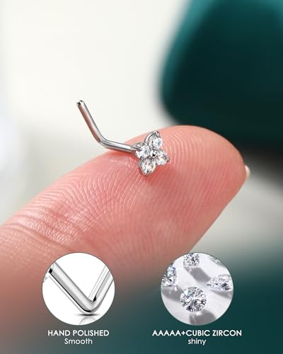 COCHARM Minimalist Titanium Nose Stud, 20g L Shape Flower Nose Ring Stud Cute G23 Titanium Surgical Steel Silver Nostril Piercing with Clear CZ Hypoallergenic - style: FourCZ-Silver