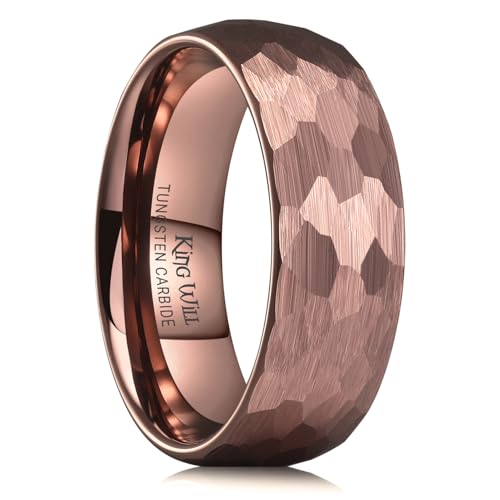 King Will Men's Tungsten Carbide Wedding Ring Hammered Groove Wedding Band Mens Two Tone Engagement Ring for Men and Women Matte Brushed Finish Comfort Fit - color: Brown 8mm