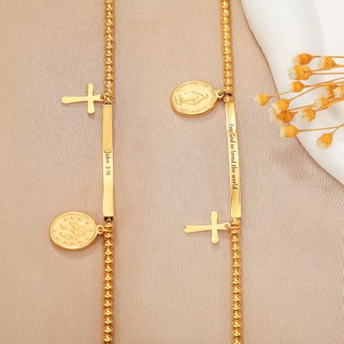 DS Inspirational Bracelet for Women Christian Engraved Bibler Verse Cross Butterfly Daisies Charm Bracelet, Exquisite Stainless Steel Jewelry Daughter Best Friend Bestie - style: For God so loved the world-Gold