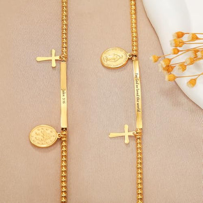 DS Inspirational Bracelet for Women Christian Engraved Bibler Verse Cross Butterfly Daisies Charm Bracelet, Exquisite Stainless Steel Jewelry Daughter Best Friend Bestie - style: For God so loved the world-Gold