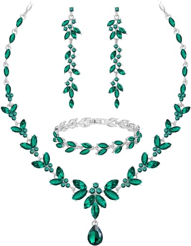 Paxuan Wedding Jewelry Sets for Bride Bridesmaid Bridal Jewelry Set for Women Wedding Crystal Necklace Earrings Bracelet Set for Party Prom Jewelry - color: Emerald Green - Silver