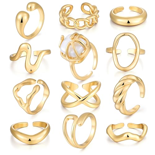 FAXHION 12PCS Gold Stackable Rings Set for Women, 18K Gold Plated Open Stacking Knuckle Ring, Adjustable Chunky Signet Band Statement Ring for Gift - color: 2-ringsGold