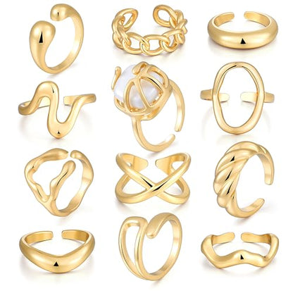 FAXHION 12PCS Gold Stackable Rings Set for Women, 18K Gold Plated Open Stacking Knuckle Ring, Adjustable Chunky Signet Band Statement Ring for Gift - color: 2-ringsGold