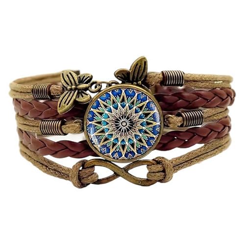 Women's Yoga Mandala Floral Bracelet - Handmade Boho Braided Faux Leather Wrap Bracelet with Butterfly Charm - Vintage Adjustable Hippie Jewelry