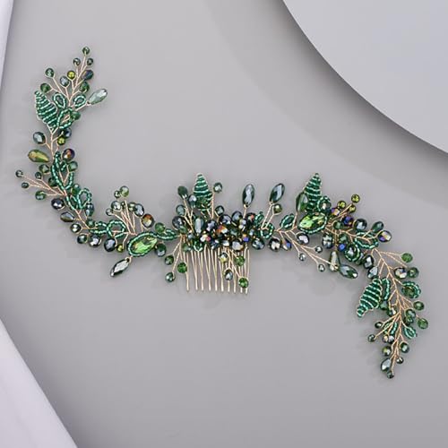 Chargances Wedding Crystal Beaded Hair Vine Comb Bridal Long Pearl Leaf Hair Vine Comb Green Rhinetone Handmade Headpiece Hair Accessories for Wedding Prom Flower Girl (Green) - color: Green