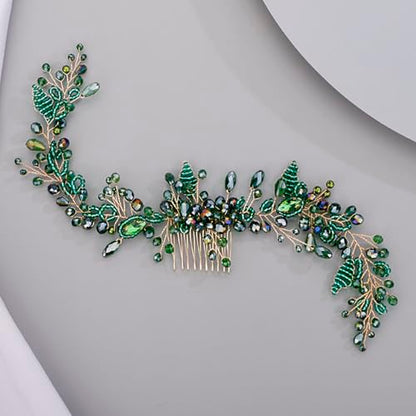 Chargances Wedding Crystal Beaded Hair Vine Comb Bridal Long Pearl Leaf Hair Vine Comb Green Rhinetone Handmade Headpiece Hair Accessories for Wedding Prom Flower Girl (Green) - color: Green