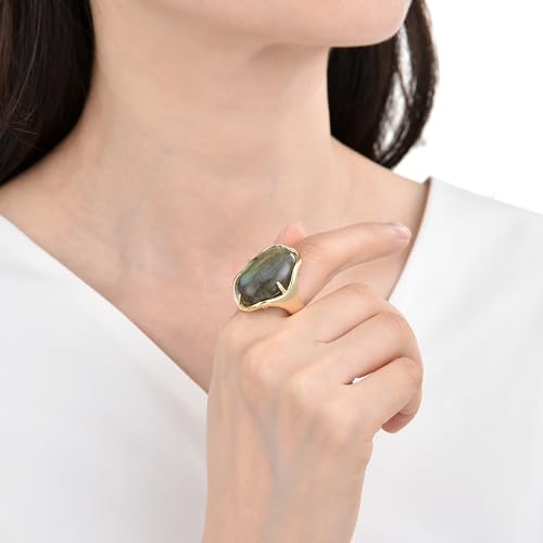 Natural Stone Adjustable Finger Rings Semi Precious Oval Shaped Gemstone Jewelry For Women Anniversary Birthday Wedding Gift - color: Grey Labradorite