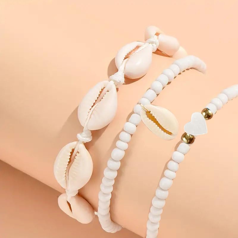 3PCS Boho Anklets for Women Summer Beach Women's Ankle Bracelets Beaded Anklet Bracelet Waterproof Beach Anklets Shell Starfish Anklet Foot Chain Jewelry for Women - color: 3PCS/white heart