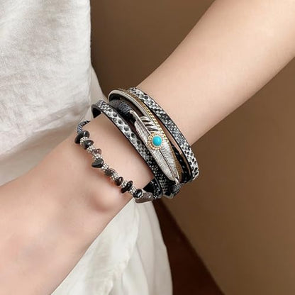 Long tiantian Boho Western Bracelets for Women Leather Wrap Bracelets Turquoise Bracelet Western Jewelry Country Concert Outfits - color: A5:black