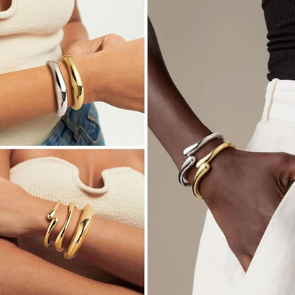 M MOOHAM Chunky Gold Bangle Bracelets for Women, Dainty 14k Gold-Plated Thicker Statement Bangles Twist Cuff Bracelet Set Stack for Women Non Tarnish Trendy Jewelry Gifts - color: 07. Round Bangles-2PCS