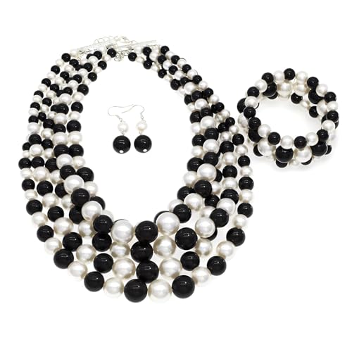 Faux Big Pearl Srand Necklaces for Women 5 Layers Pearls Choker Bib Collar Necklace Bracelet and Earrings set 1920s Costume Pearl Jewelry Bridal Wedding - color: black white