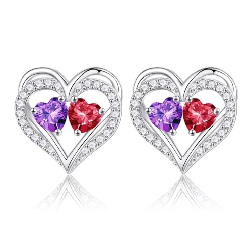 Heart Earrings for Women - Birthstone Earrings | 925 Sterling Silver, Stud Earrings, Gift Box Packaging, Anniversary Birthday Gifts for Women Wife Girlfriend Mom - color: 02-07-Feb-Jul Birthstone