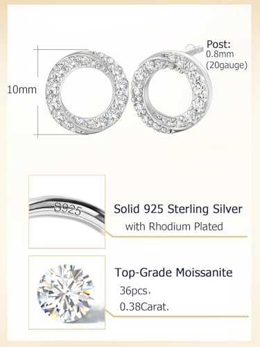 All Moissanites Sparkly Geometric Stud Earrings for Women, Solid 925 Sterling Silver with Rhodium/Gold Plated Hypoallergenic, Lightweight Comfy Earrings - color: Circle - White Gold