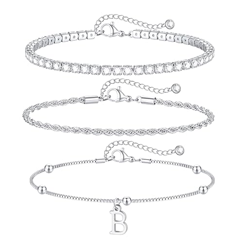 Gold Bracelets for Women Girls - Dainty Gold/Silver Bracelet Stack Jewelry Set Personalized Initial Bracelets Cute Stackable Rope Box Chain Tennis Bracelets Gifts for Women Teen Girl Gifts - color: B-Silver