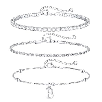 Gold Bracelets for Women Girls - Dainty Gold/Silver Bracelet Stack Jewelry Set Personalized Initial Bracelets Cute Stackable Rope Box Chain Tennis Bracelets Gifts for Women Teen Girl Gifts - color: B-Silver