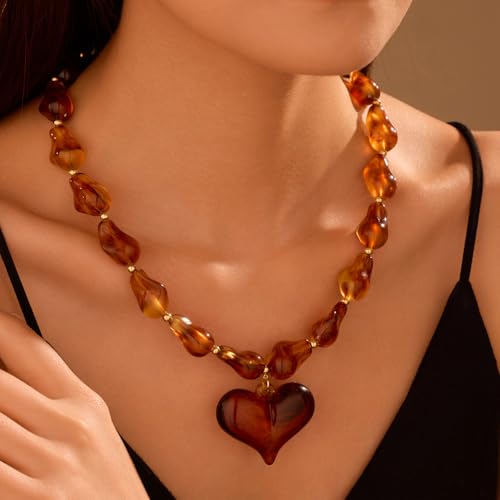 Chunky Heart Necklaces for Women Colorful Resin Beaded Necklaces for Women Gold Puffy Heart Statement Necklace Trendy Acrylic Choker Jewelry Gift - color: A