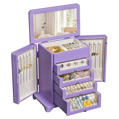 Large Jewelry Box & Organizer for Women, Wooden Jewelry Storage with 4 Transparent Drawers, Holds Necklaces, Rings, Bracelets, Earrings and Watches(Purple) - color: Purple