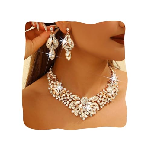 Yonamix Gold Jewelry Set Wedding Rhinestone Necklace Sets for Women | Formal Prom Dinner Party Gala Night Crystal Flower Necklaces Earrings - color: A Gold