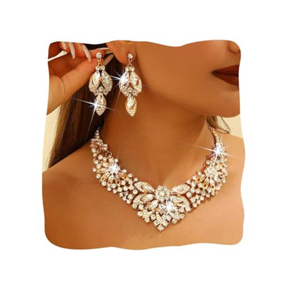 Yonamix Gold Jewelry Set Wedding Rhinestone Necklace Sets for Women | Formal Prom Dinner Party Gala Night Crystal Flower Necklaces Earrings - color: A Gold