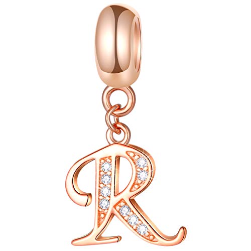 EMOSTAR Letter Charms Initial A-Z Alphabet Beads, Rose Gold 925 Sterling Silver Dangle CZ Birthstone Pendant, Gifts for European Charm Bracelet/Mothers Day/Birthday - color: Letter R