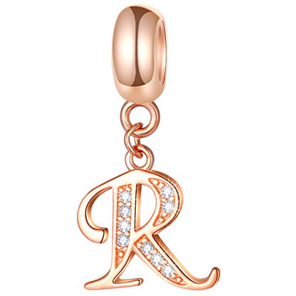 EMOSTAR Letter Charms Initial A-Z Alphabet Beads, Rose Gold 925 Sterling Silver Dangle CZ Birthstone Pendant, Gifts for European Charm Bracelet/Mothers Day/Birthday - color: Letter R