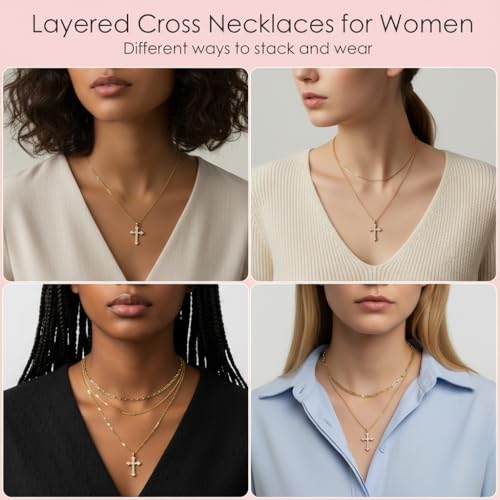 Gold Layered Necklaces for Women, 14K Gold Plated Paperclip Snake Chain Necklace Set, Dainty Coin Cross Tear Pendant Layering Choker Necklaces, Simple Trendy Stackable Jewelry Gifts - color: 3PCS / Cross & Chain& Chain