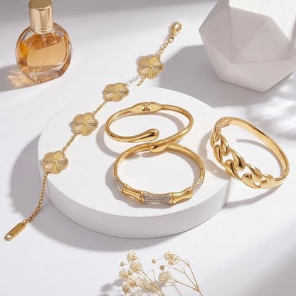 Stackable Gold Bracelets for Women - 4 Sets, 18K Gold Plated Bracelets, Stainless Steel Bangle Bracelets Non-Tarnish, Stylish Gold Jewelry Ensemble, Valentine's Day, Birthday and Christmas Jewelry Gifts - color: A5-(Gold 4Sets)
