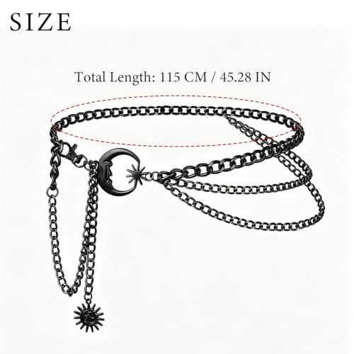 3 Layered Metal Waist Chain Belt for Women Moon & Sun Belly Belt Body Chain Jewelry for Dress Jeans - color: 03 Black