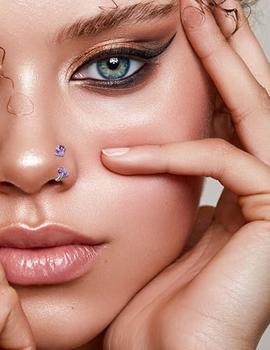 Horseshoe Nose Ring for Women Surgical Steel 18G Double Gem Nose Ring Hoop Cartilage Helix Daith Tragus Half Hoop Earrings Septum Labret Lip Eyebrow Piercing Jewelry Silver Plated - color: B: Silver 6Pcs(purple)