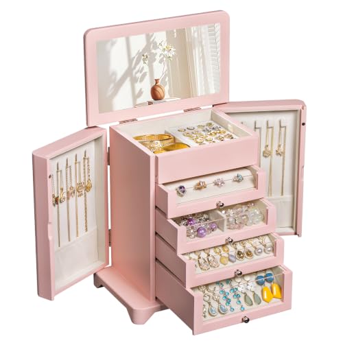 Large Jewelry Box & Organizer for Women, Wooden Jewelry Storage with 4 Transparent Drawers, Holds Necklaces, Rings, Bracelets, Earrings and Watches(Pink) - color: Pink