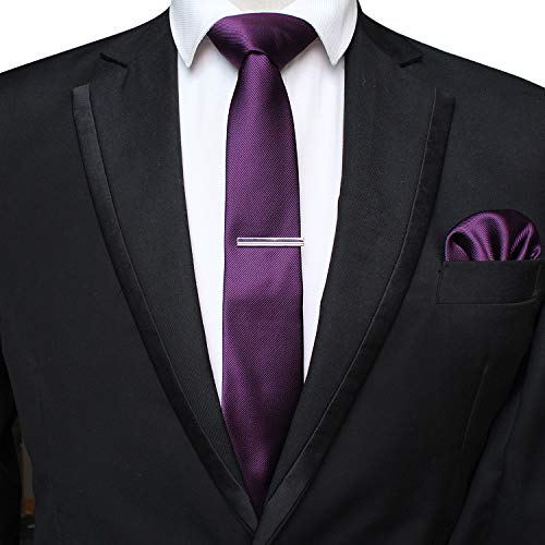 JEMYGINS 2.4" Solid Color Skinny Tie and Pocket Square with Tie Clip Sets for Men (6cm) - color: Purple