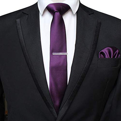 JEMYGINS 2.4" Solid Color Skinny Tie and Pocket Square with Tie Clip Sets for Men (6cm) - color: Purple