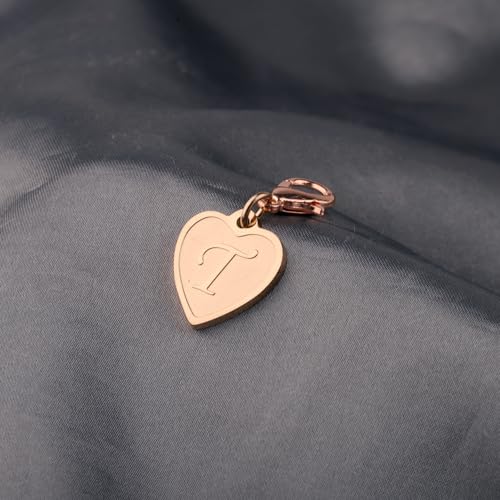 FAADBUK Initial Letter A-Z Alphabet Heart Charms for Jewelry Bracelet Keychain Necklace Initial Stainless steel Clasp Clip on Charm - color: intial T RG
