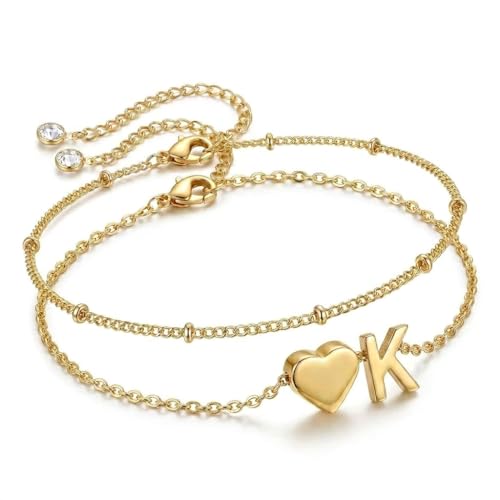 Gold Plated Layered Initial Charm Bracelet for Women - Personalized A-Z Letter Jewelry with Satellite Chain, Adjustable Bracelet Gift for Her, Everyday Wear - color: Gold-K