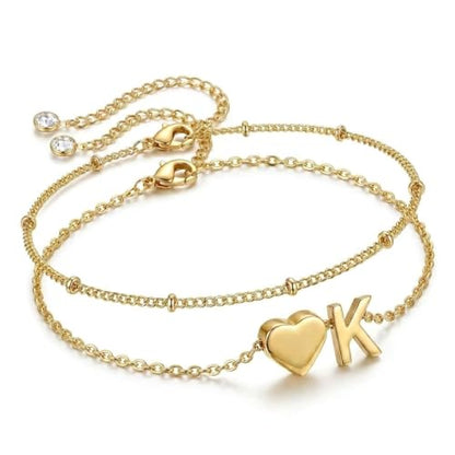 Gold Plated Layered Initial Charm Bracelet for Women - Personalized A-Z Letter Jewelry with Satellite Chain, Adjustable Bracelet Gift for Her, Everyday Wear - color: Gold-K