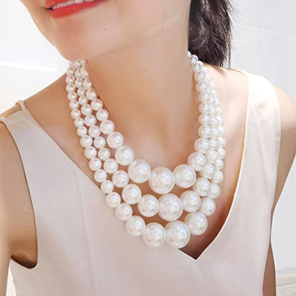 We We Imitation Pearl Necklace for Women Large Chunky Pearl Necklaces Multilayer Pearl Necklace and Earring 1920s Costume Jewelry set - color: white pearl necklace set