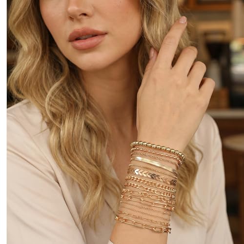 28 PCS Gold Bracelets for Women, 14K Gold Plated Bracelet Stack Bangle Cuff | Bracelet Set for Non Tarnish Bangle Cuff Cuban Link Paperclip Chain Bracelets Jewelry for Trendy Dainty Jewelry Pack for Gift