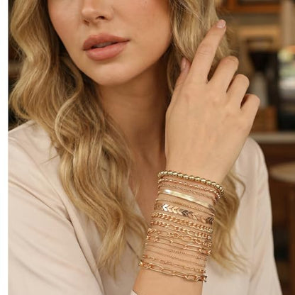 28 PCS Gold Bracelets for Women, 14K Gold Plated Bracelet Stack Bangle Cuff | Bracelet Set for Non Tarnish Bangle Cuff Cuban Link Paperclip Chain Bracelets Jewelry for Trendy Dainty Jewelry Pack for Gift