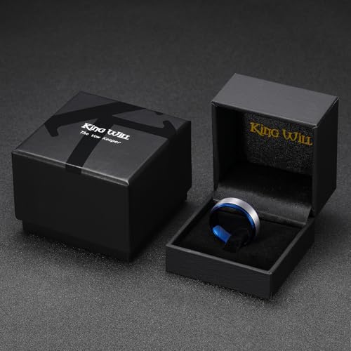 King Will Mens Brushed Wedding Band, Two Tone Matte Step Edges/Pipe Cut, Tungsten Carbide Anniversary Promise Rings Comfort Fit - color: Silver&Blue-8mm